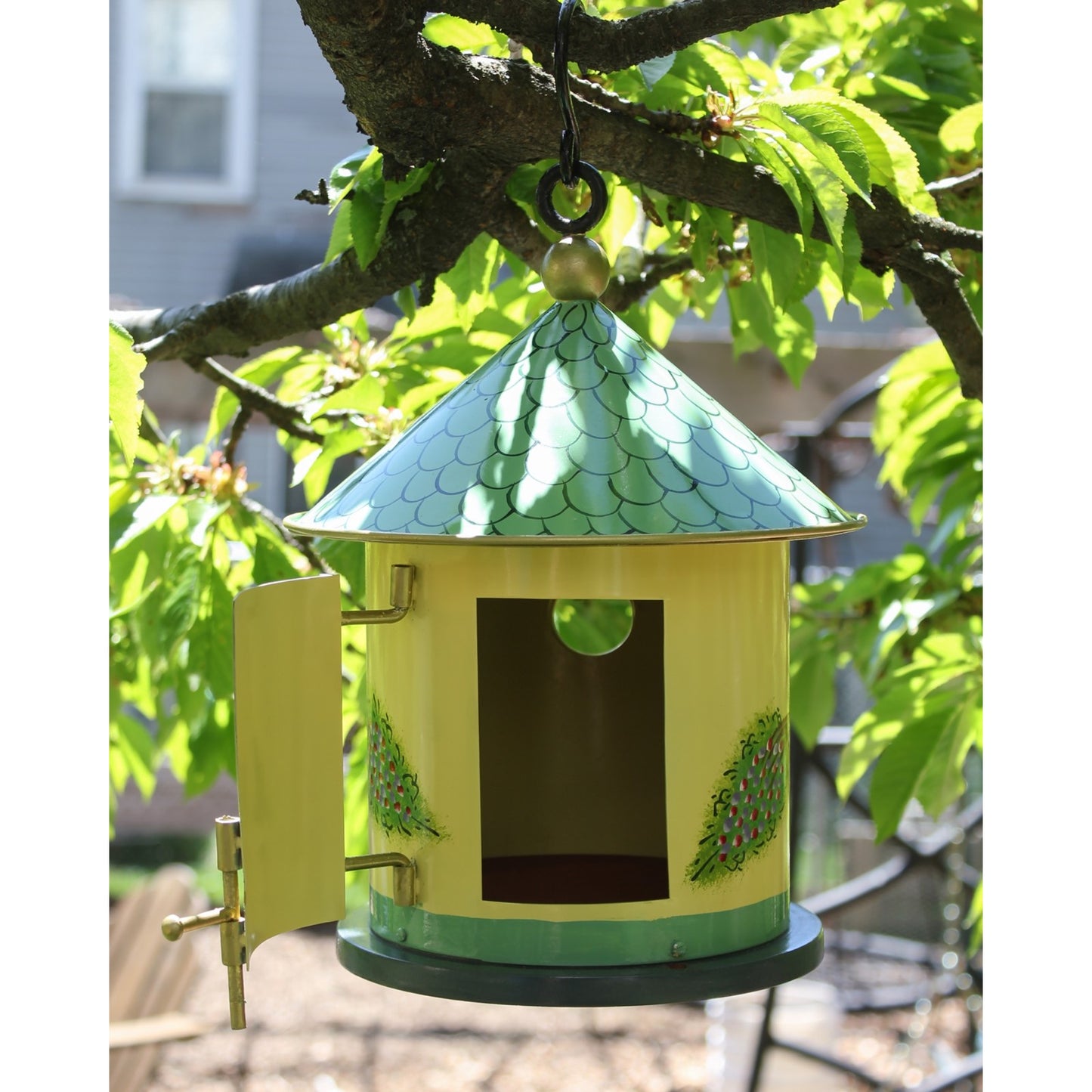 ACHLA Bastion Birdhouse | Hand-Painted Iron & Wood, Yellow & Teal | Garden & Patio Accent | 8in Dia x 12in H | Model BH-20