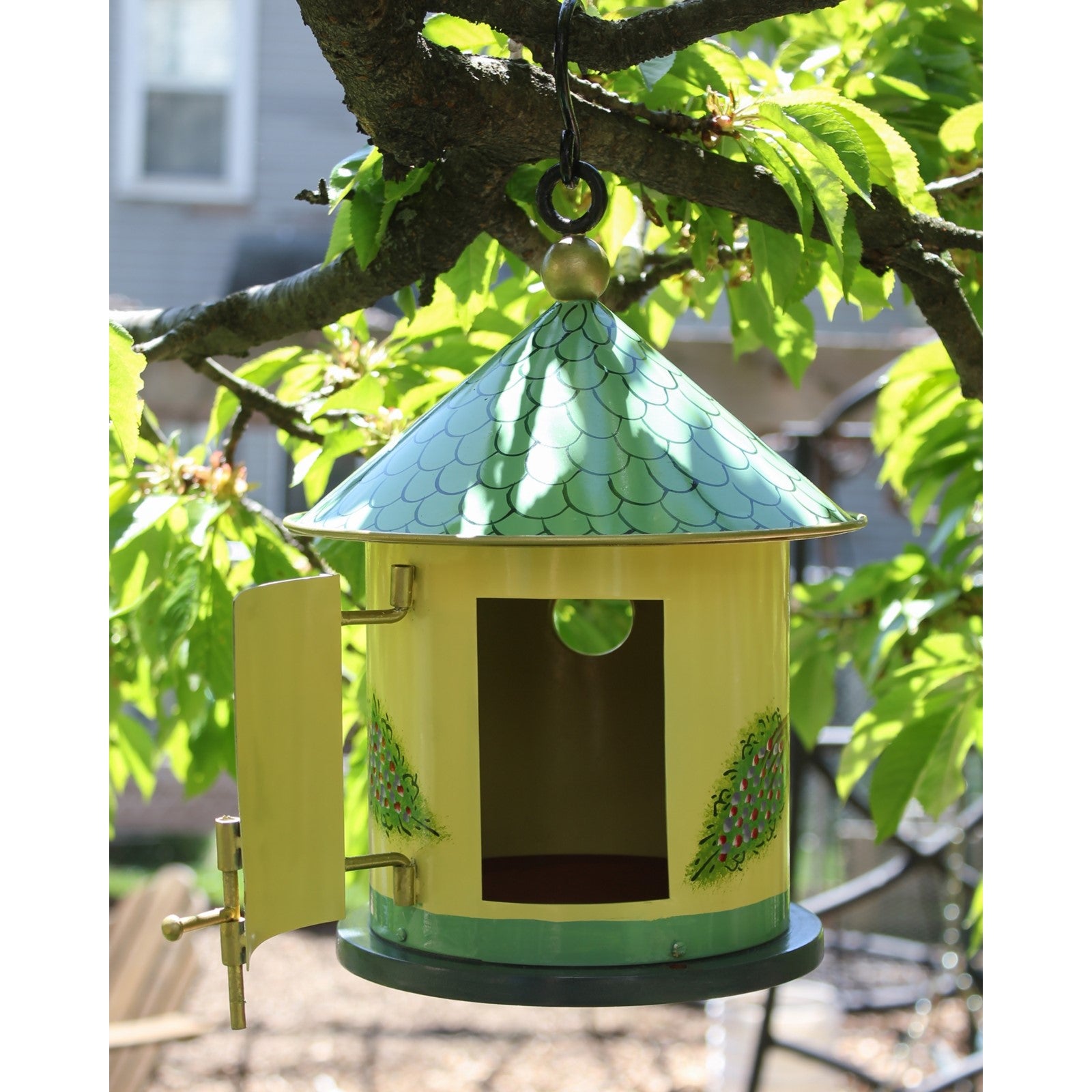 ACHLA Bastion Birdhouse | Hand-Painted Iron & Wood, Yellow & Teal | Garden & Patio Accent | 8in Dia x 12in H | Model BH-20