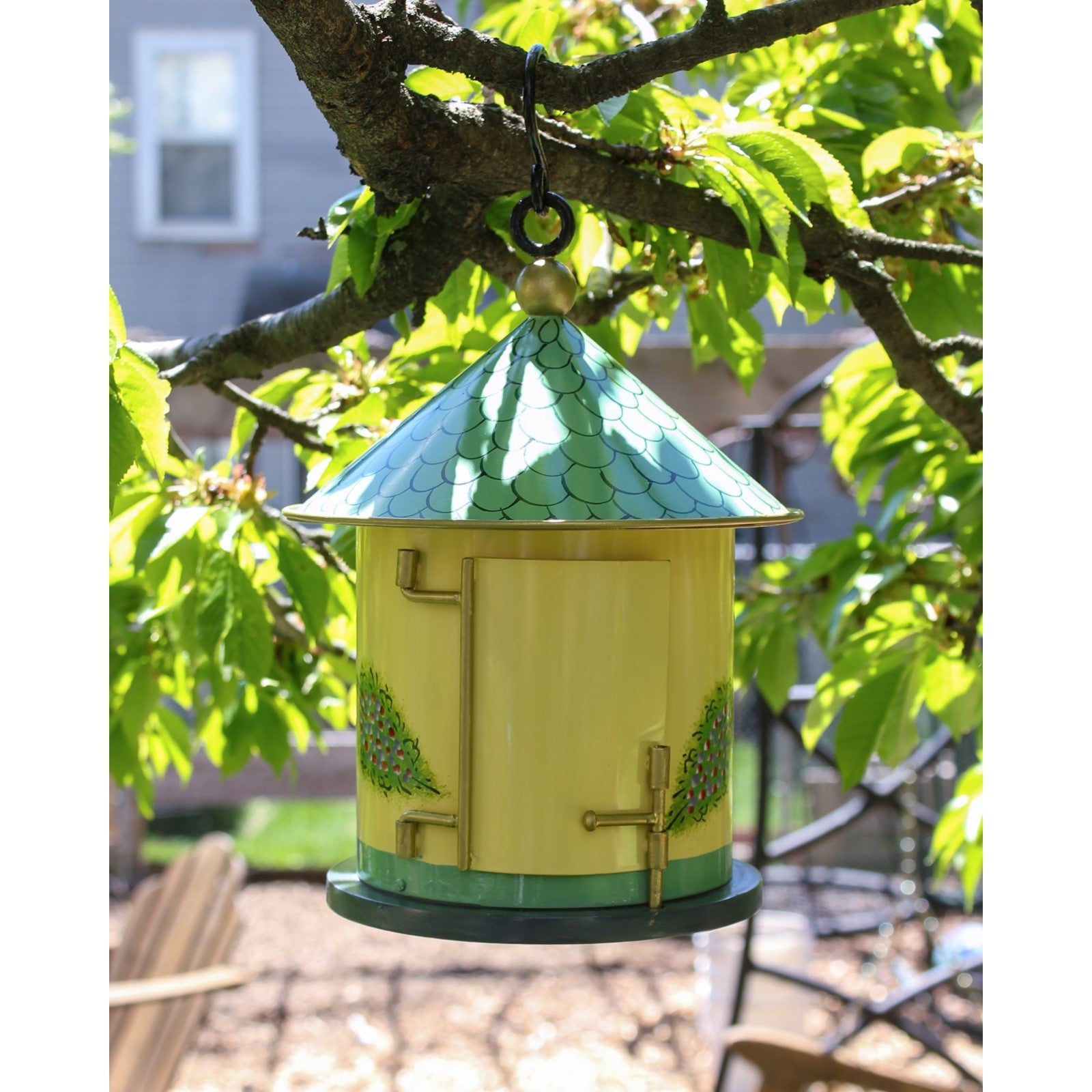 ACHLA Bastion Birdhouse | Hand-Painted Iron & Wood, Yellow & Teal | Garden & Patio Accent | 8in Dia x 12in H | Model BH-20