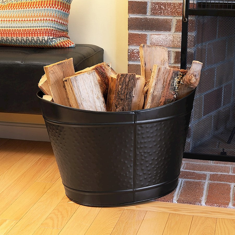 ACHLA Black Wood Bin Fireplace Log Holder | Hammered Steel Powder-Coated Finish | Hearthside Firewood Storage | 23 x 15 x 16 in | Model BIN-01BK
