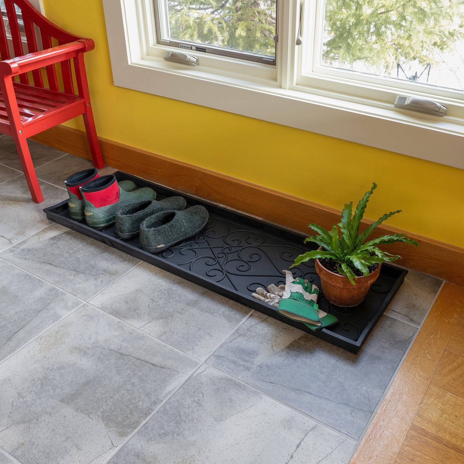 ACHLA Boot Tray Large 46in Black Rubber | Scrollwork Mudroom & Entryway Mat | 14 x 46 x 2 in | Model BT-01L