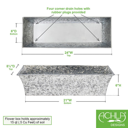 ACHLA Embossed Flower Box 24in Planter | Galvanized Steel | Outdoor Garden & Patio | 24 x 8 x 6 in | Model C-04