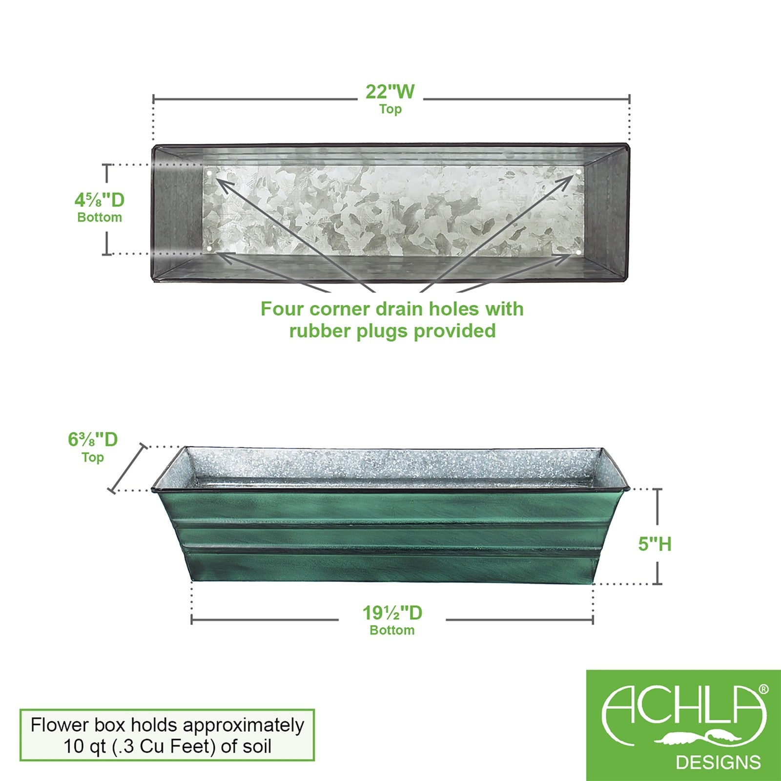 ACHLA Galvanized Tin Window Box 22in | Green Patina Powder-Coated Metal | Outdoor Window & Porch Planter | 22 x 6 x 5 in | Model C-08
