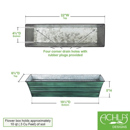 ACHLA Galvanized Tin Window Box 22in | Green Patina Powder-Coated Metal | Outdoor Window & Porch Planter | 22 x 6 x 5 in | Model C-08
