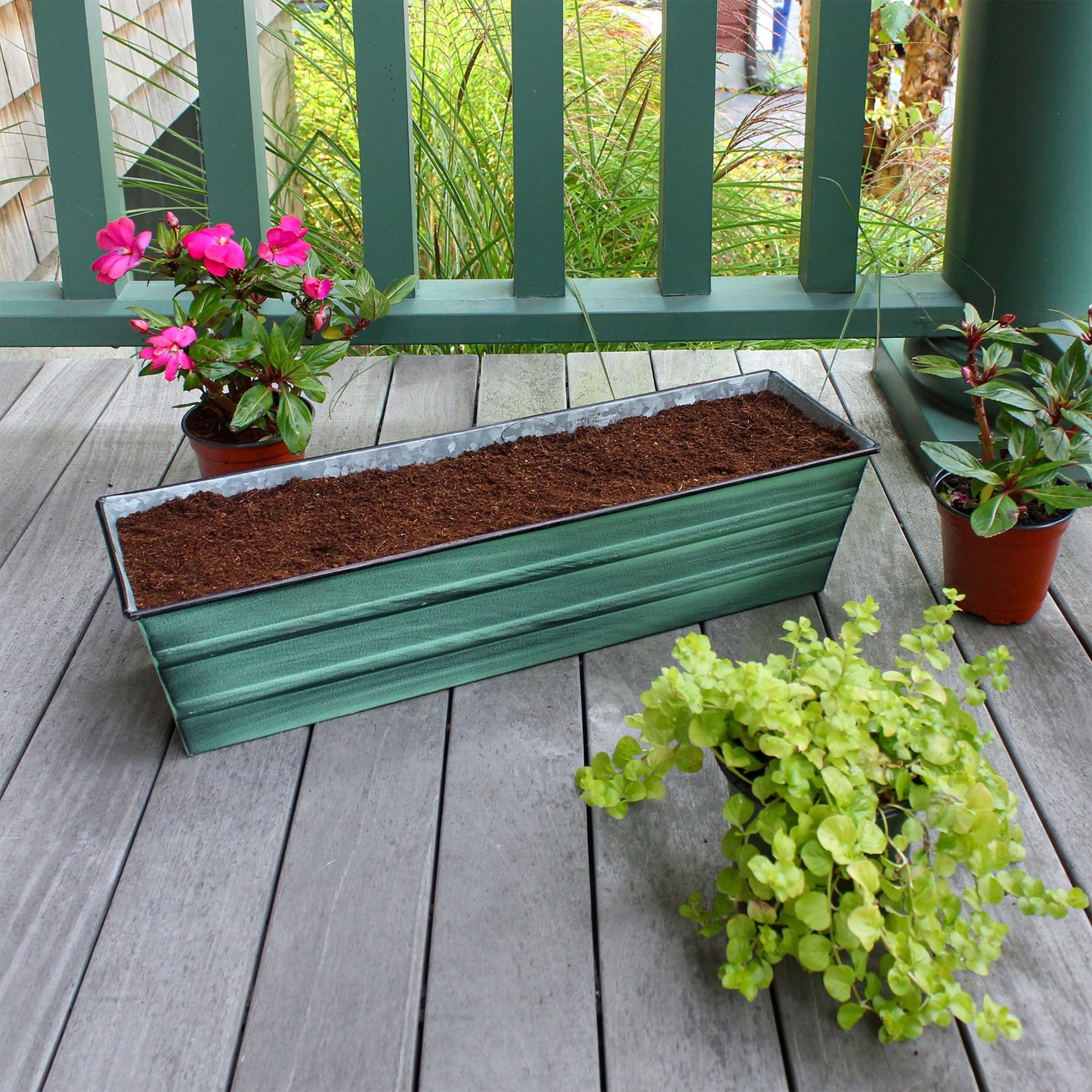 ACHLA Galvanized Tin Window Box 22in | Green Patina Powder-Coated Metal | Outdoor Window & Porch Planter | 22 x 6 x 5 in | Model C-08