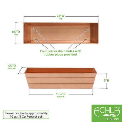 ACHLA Copper Plated Window Box Small | Rustic Tin with Copper Finish | Outdoor Deck & Window Planter | 22 x 6.25 x 5.25 in | Model C-08C
