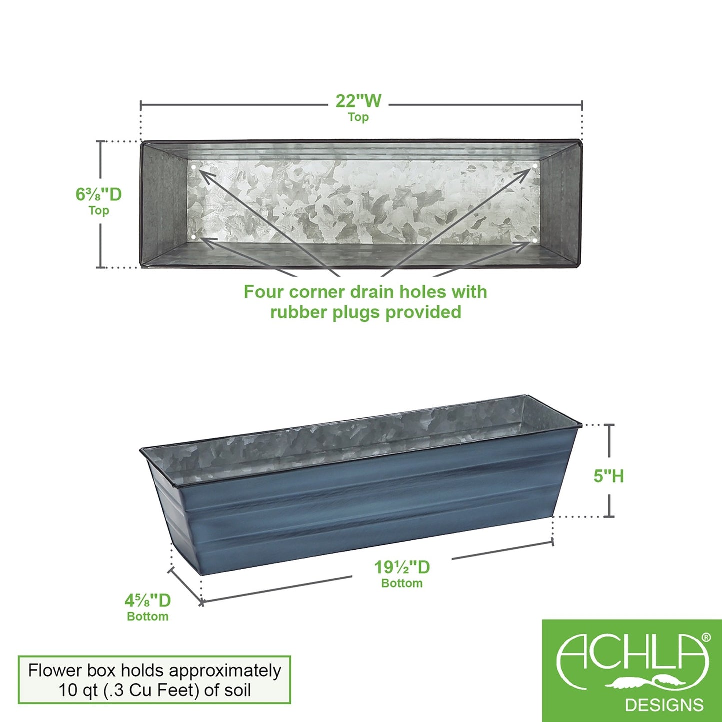 ACHLA Galvanized Steel Flower Box Planter Small | Classic Rectangular Nantucket Blue | Window Box & Balcony Container Garden | Model C-08NB