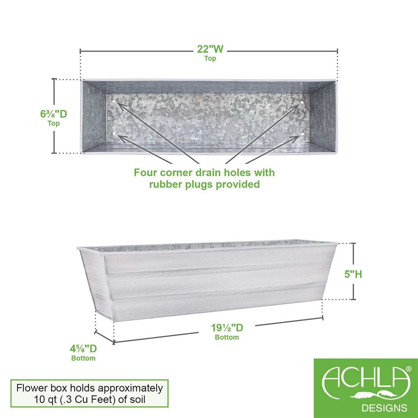 ACHLA Galvanized Steel Flower Box Planter Small 22in | Classic Cape Cod White | Window Box & Balcony Container Garden | 22 x 6 x 5 in | Model C-08W