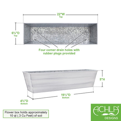 ACHLA Galvanized Steel Flower Box Planter Small 22in | Classic Cape Cod White | Window Box & Balcony Container Garden | 22 x 6 x 5 in | Model C-08W