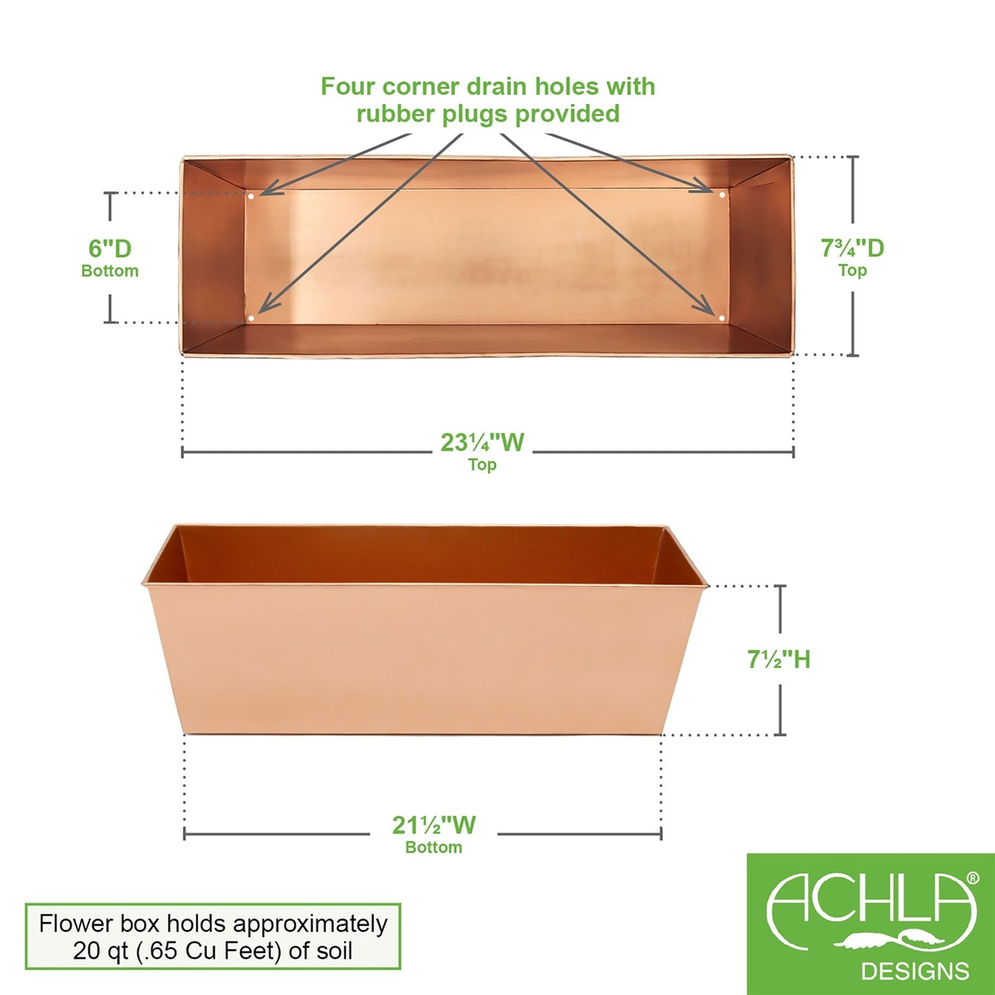 ACHLA Medium Plain Flower Box | Copper Plated Steel | Window Box & Balcony Planter | 8 x 23 x 8 in | Model C-09C