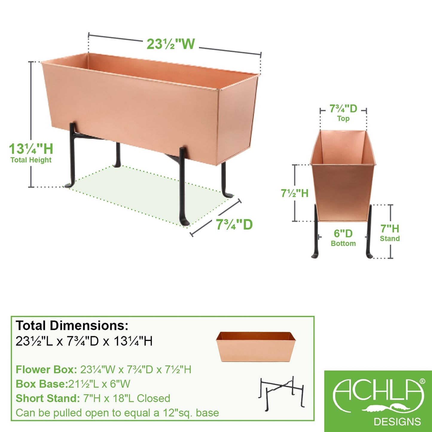 ACHLA Flower Box with Folding Stand | Copper Plated Galvanized Steel and Black Wrought Iron | Deck, Patio & Balcony Planter | 23.25 x | Model C-09C-S1