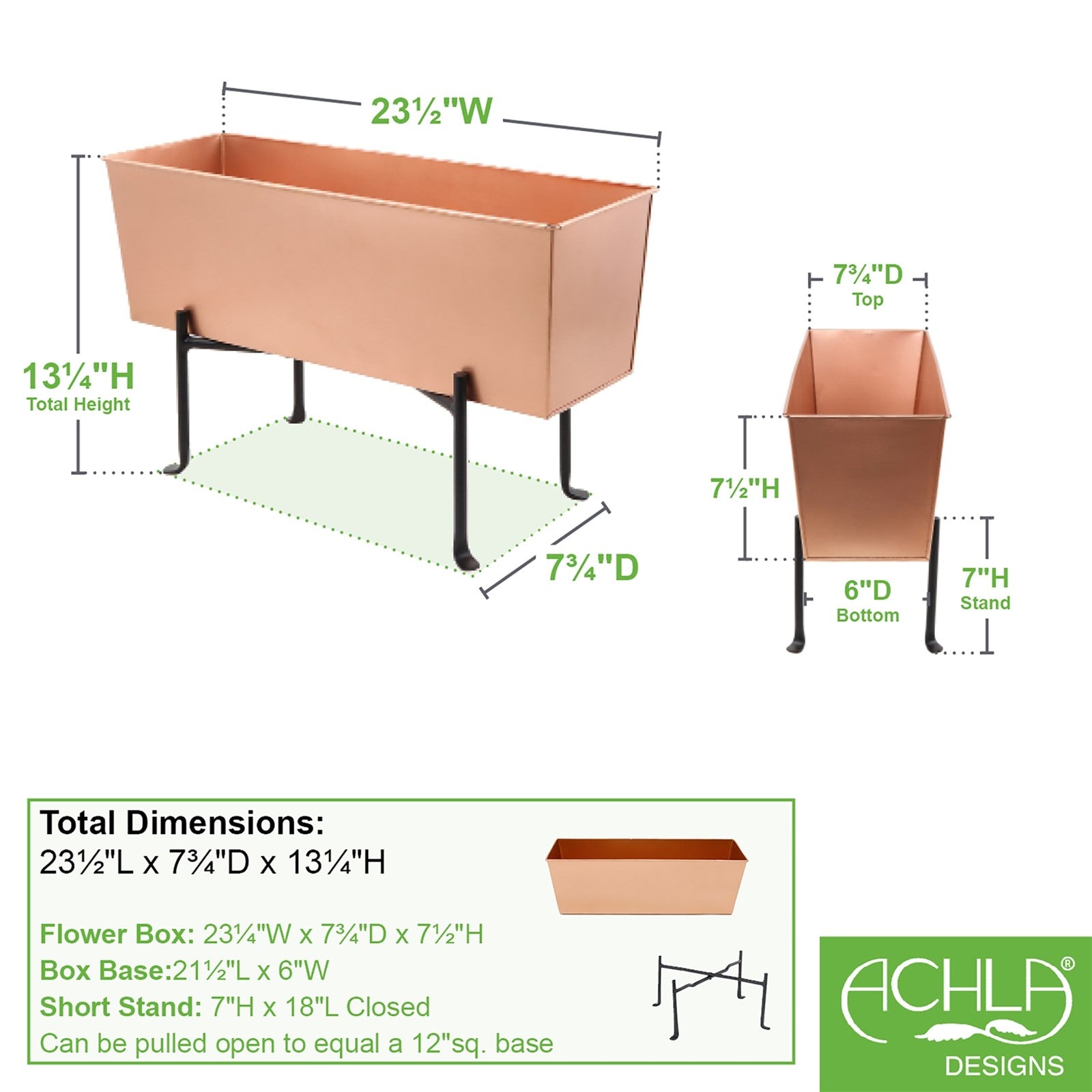 ACHLA Flower Box with Folding Stand | Copper Plated Galvanized Steel and Black Wrought Iron | Deck, Patio & Balcony Planter | 23.25 x | Model C-09C-S1