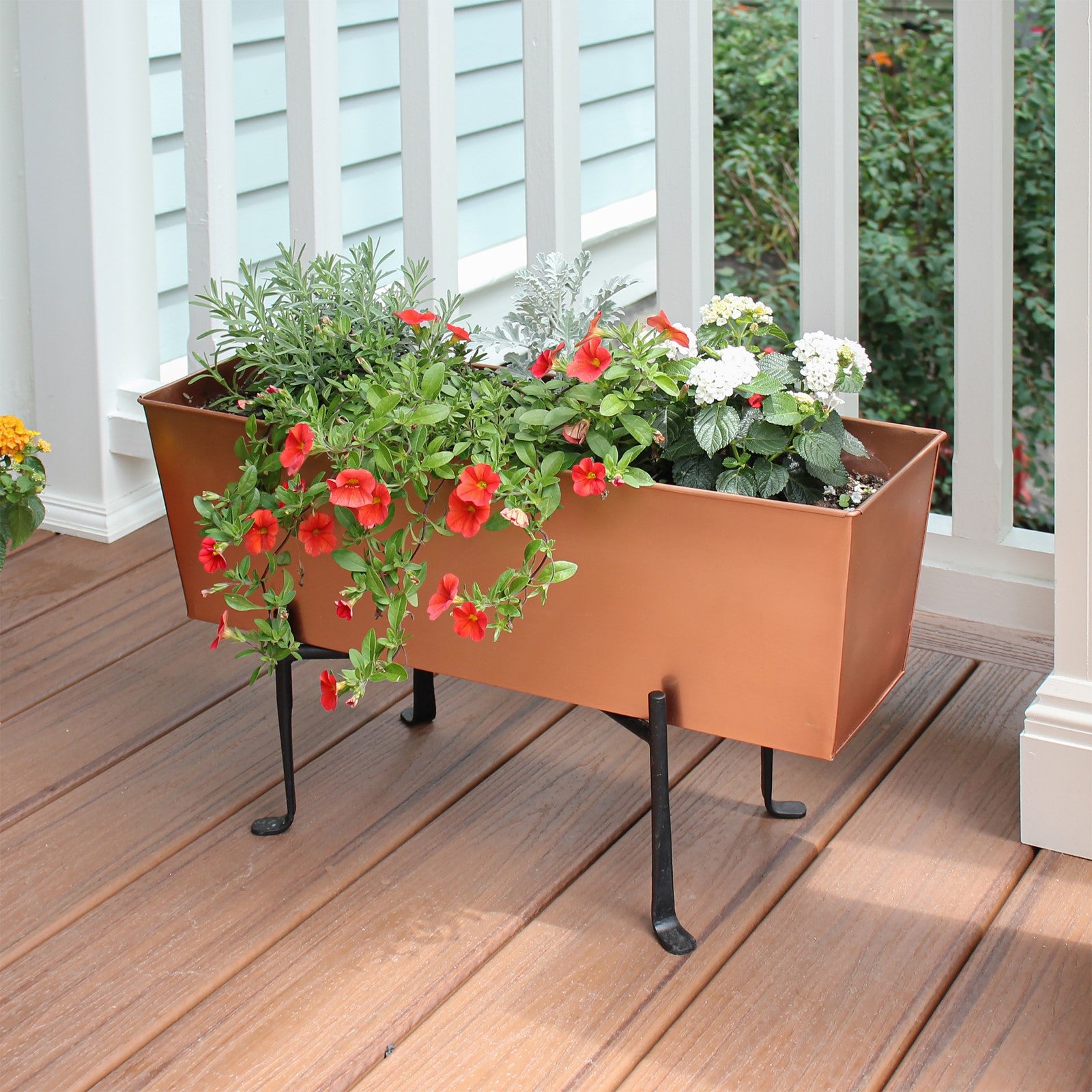 ACHLA Flower Box with Folding Stand | Copper Plated Galvanized Steel and Black Wrought Iron | Deck, Patio & Balcony Planter | 23.25 x | Model C-09C-S1