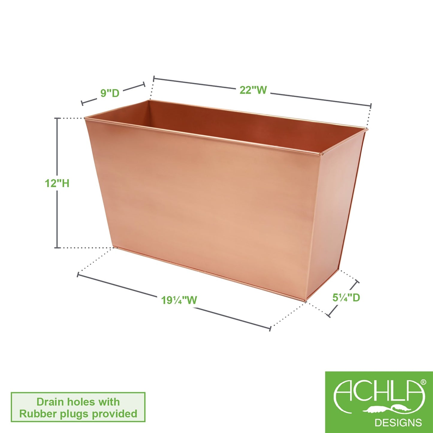 ACHLA Flower Box 22in Decorative Planter Cachepot | Copper Plated Galvanized Steel | Indoor & Outdoor Container Garden | 22 x 9 x 12 in | Model C-10C