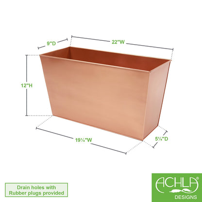ACHLA Flower Box 22in Decorative Planter Cachepot | Copper Plated Galvanized Steel | Indoor & Outdoor Container Garden | 22 x 9 x 12 in | Model C-10C