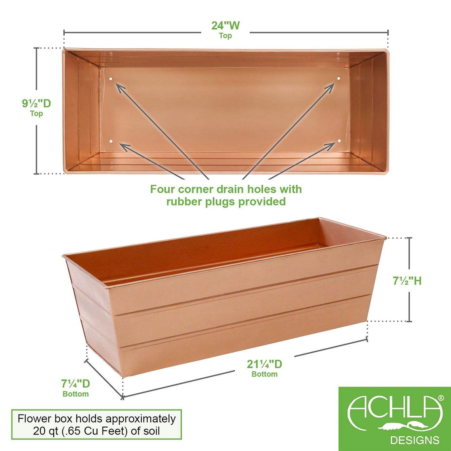 ACHLA Copper Plated Window Box 23.5in | Rustic Tin Outdoor Planter | Deck & Window Planting | 23.5 x 9.25 x 7.5 in | Model C-20C