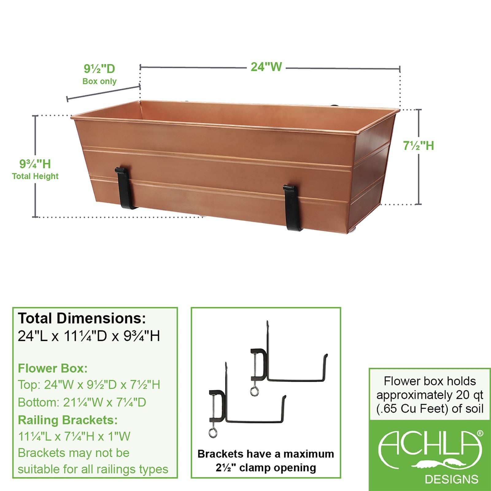 ACHLA Medium Flower Box with Clamp-On Brackets | Copper Plated Galvanized Steel and Black Wrought Iron | Porch & Balcony Railing | Model C-20C-RM