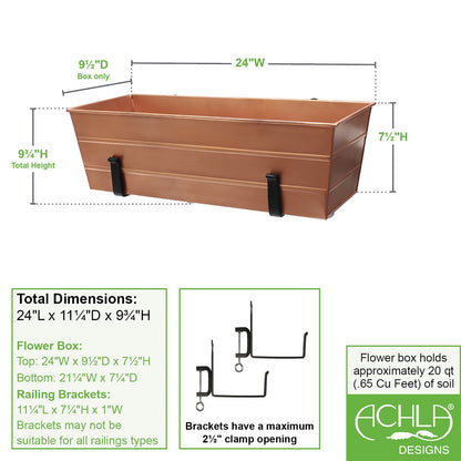 ACHLA Medium Flower Box with Clamp-On Brackets | Copper Plated Galvanized Steel and Black Wrought Iron | Porch & Balcony Railing | Model C-20C-RM