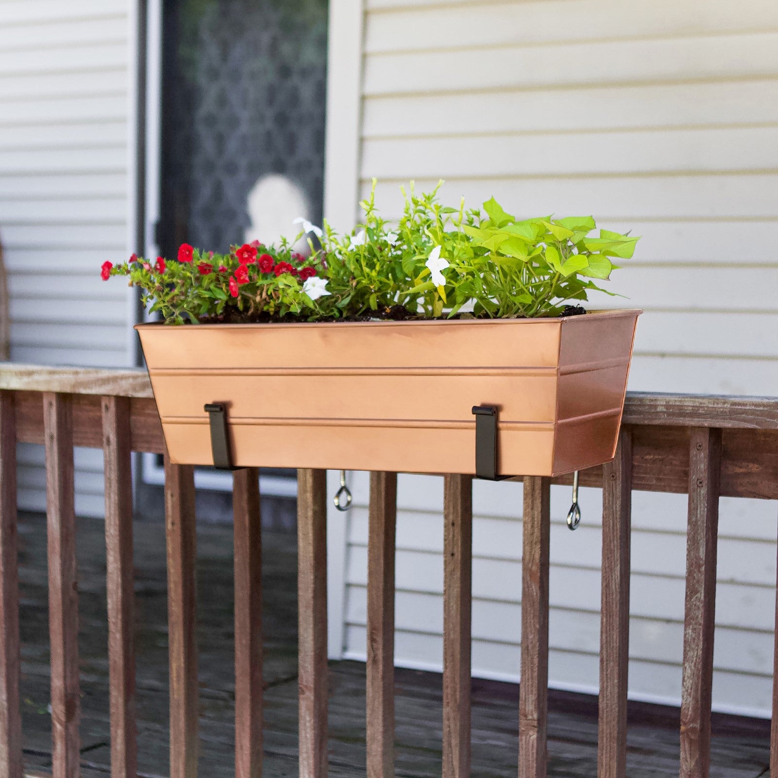 ACHLA Medium Flower Box with Clamp-On Brackets | Copper Plated Galvanized Steel and Black Wrought Iron | Porch & Balcony Railing | Model C-20C-RM
