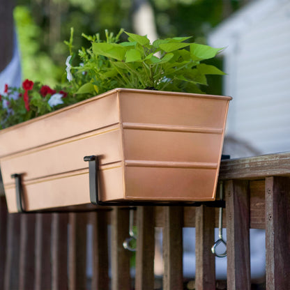 ACHLA Medium Flower Box with Clamp-On Brackets | Copper Plated Galvanized Steel and Black Wrought Iron | Porch & Balcony Railing | Model C-20C-RM