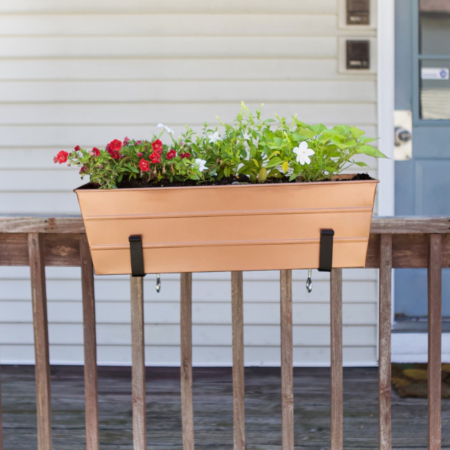 ACHLA Medium Flower Box with Clamp-On Brackets | Copper Plated Galvanized Steel and Black Wrought Iron | Porch & Balcony Railing | Model C-20C-RM