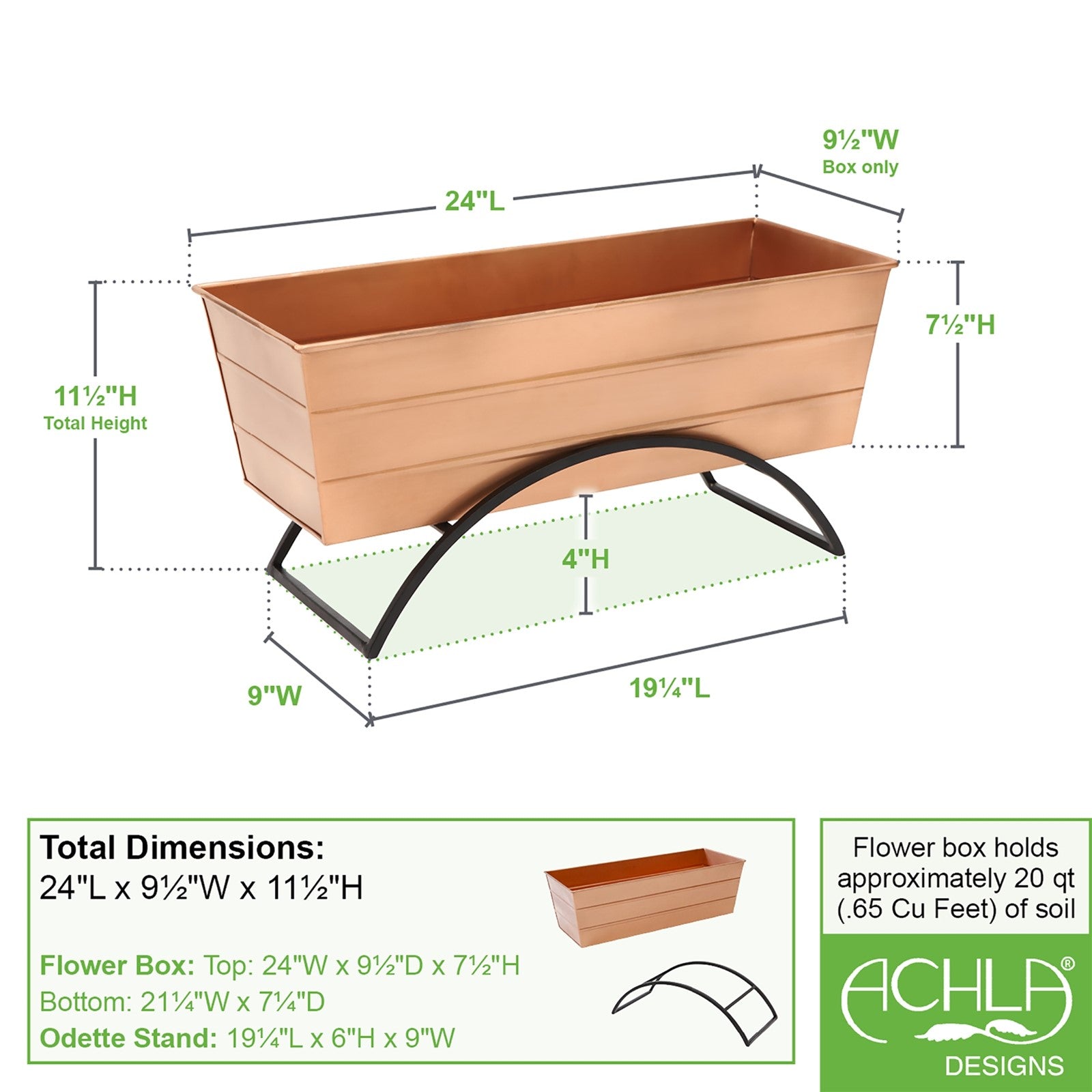 ACHLA Odette Stand with Medium Flower Box | Copper Plated Galvanized Steel and Black Wrought Iron | Patio & Balcony Container | Model C-20C-S