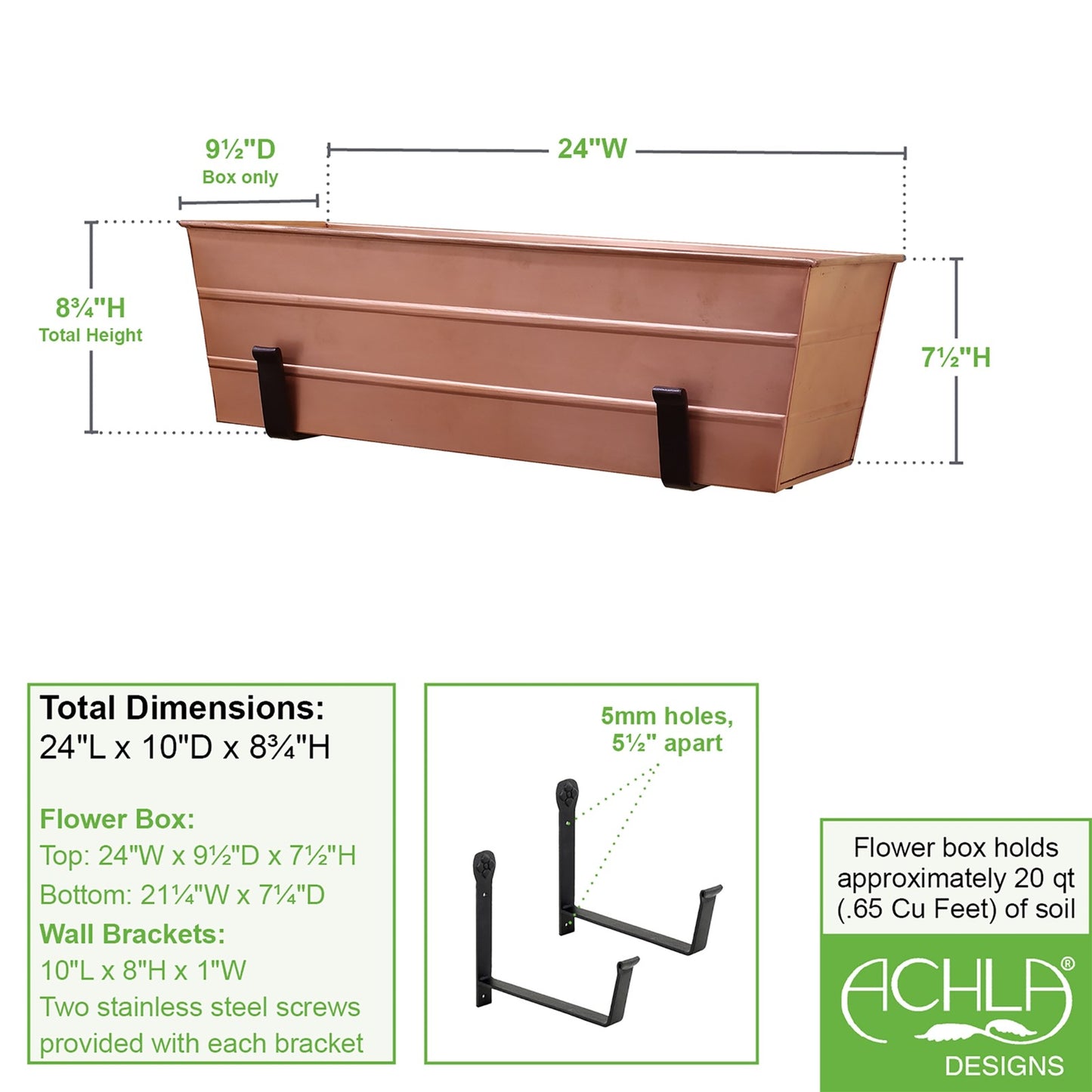 ACHLA Medium Copper Flower Box with Wall Brackets | Galvanized Steel with Copper Plated Finish and Black Wrought Iron Brackets | Model C-20C-WM