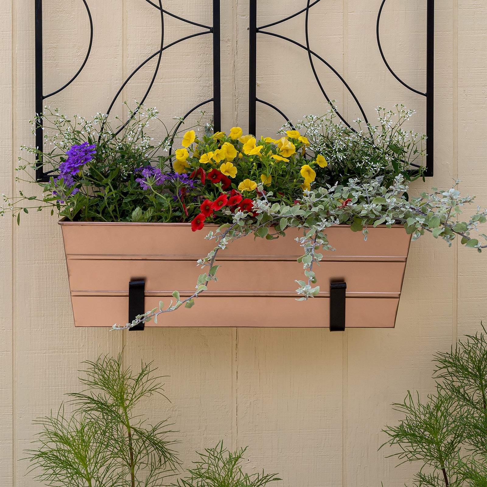ACHLA Medium Copper Flower Box with Wall Brackets | Galvanized Steel with Copper Plated Finish and Black Wrought Iron Brackets | Model C-20C-WM