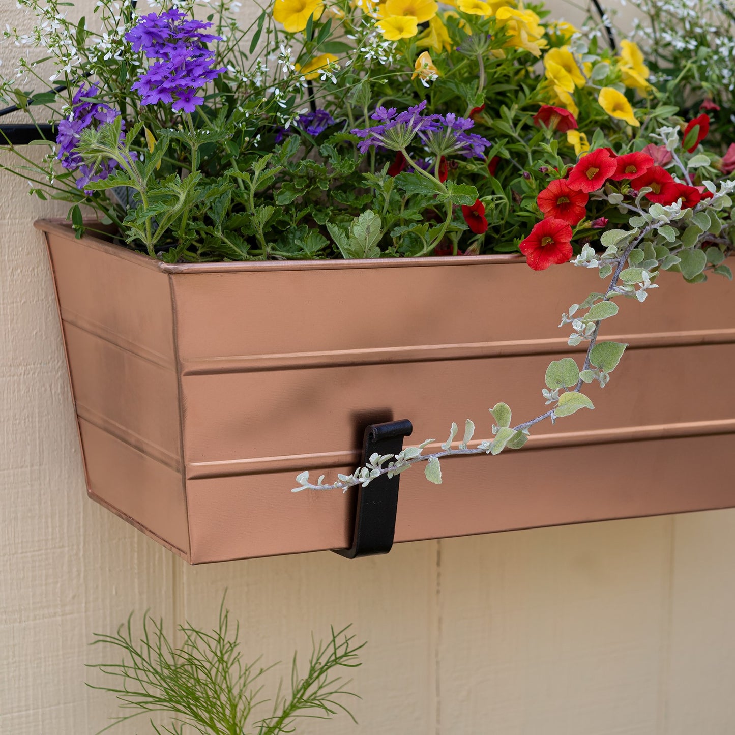 ACHLA Medium Copper Flower Box with Wall Brackets | Galvanized Steel with Copper Plated Finish and Black Wrought Iron Brackets | Model C-20C-WM