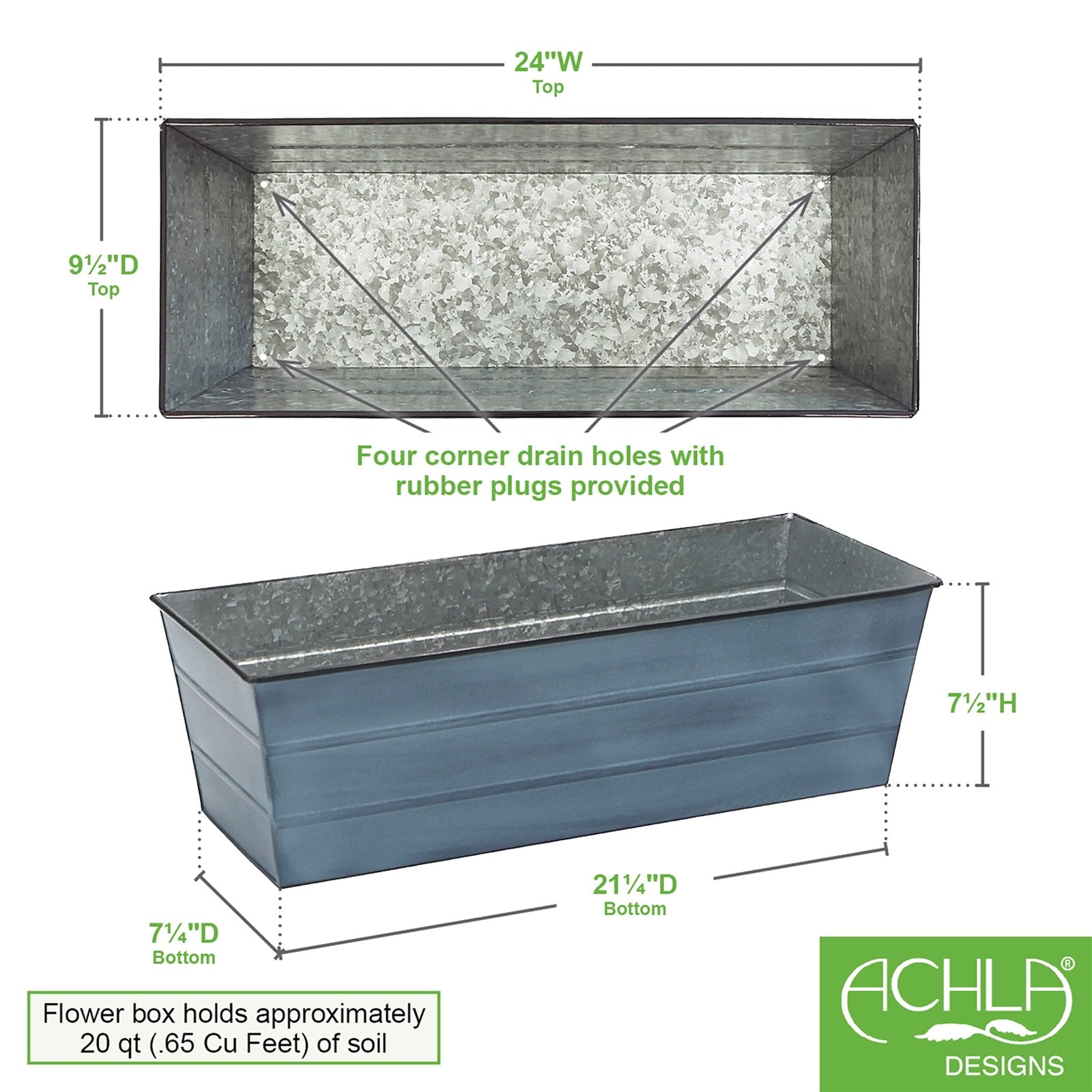 ACHLA Galvanized Steel Flower Box Planter Medium 24in | Classic Windowbox Nantucket Blue | Balcony & Entryway Container Garden | Model C-20NB