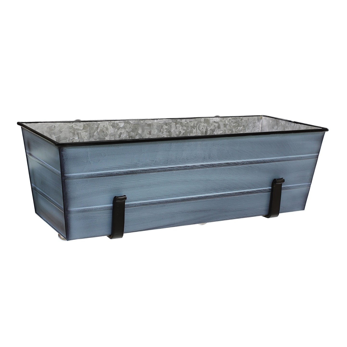 ACHLA Medium Flower Box with Clamp-On Brackets | Nantucket Blue Galvanized Steel and Black Wrought Iron | Front Porch & Balcony | Model C-20NB-RM
