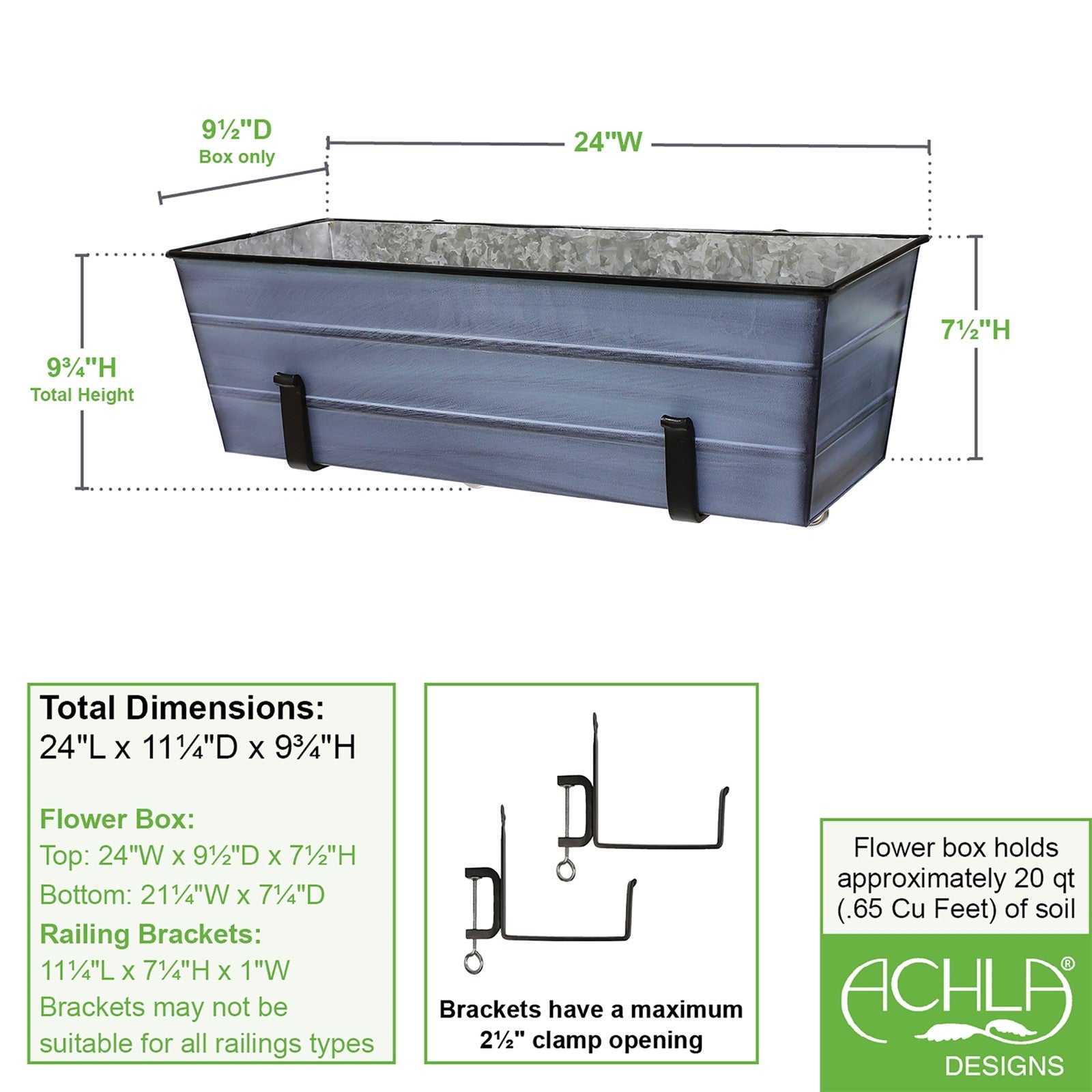 ACHLA Medium Flower Box with Clamp-On Brackets | Nantucket Blue Galvanized Steel and Black Wrought Iron | Front Porch & Balcony | Model C-20NB-RM