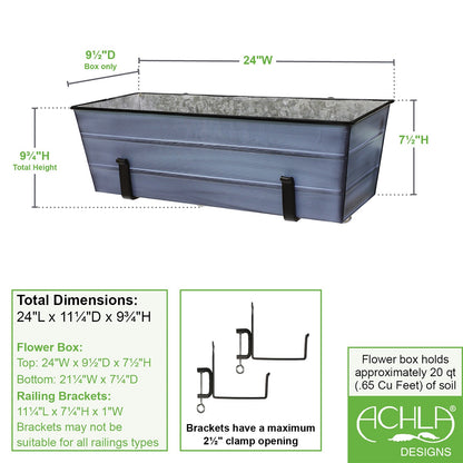 ACHLA Medium Flower Box with Clamp-On Brackets | Nantucket Blue Galvanized Steel and Black Wrought Iron | Front Porch & Balcony | Model C-20NB-RM