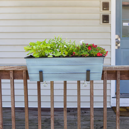 ACHLA Medium Flower Box with Clamp-On Brackets | Nantucket Blue Galvanized Steel and Black Wrought Iron | Front Porch & Balcony | Model C-20NB-RM