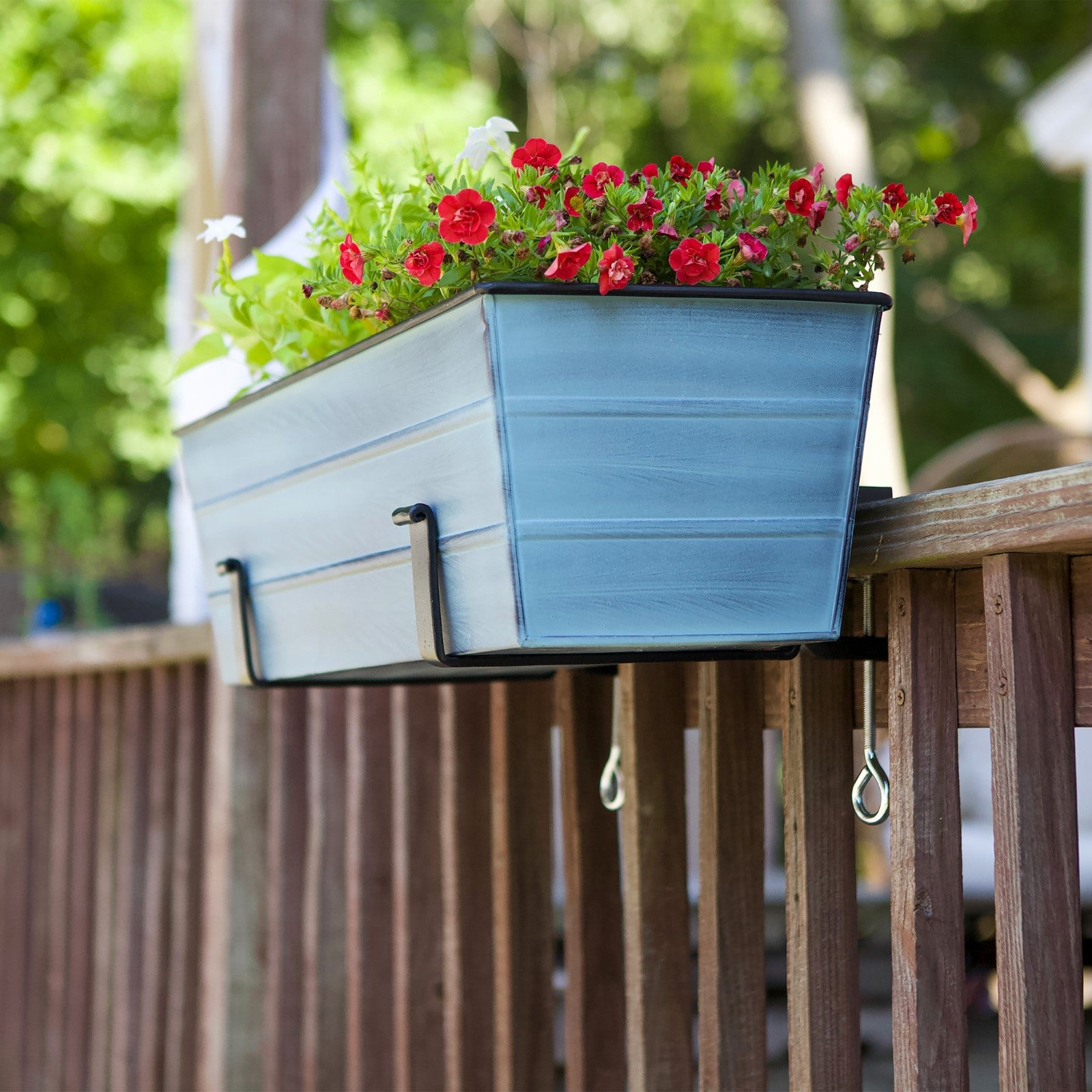 ACHLA Medium Flower Box with Clamp-On Brackets | Nantucket Blue Galvanized Steel and Black Wrought Iron | Front Porch & Balcony | Model C-20NB-RM