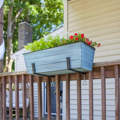 ACHLA Medium Flower Box with Clamp-On Brackets | Nantucket Blue Galvanized Steel and Black Wrought Iron | Front Porch & Balcony | Model C-20NB-RM