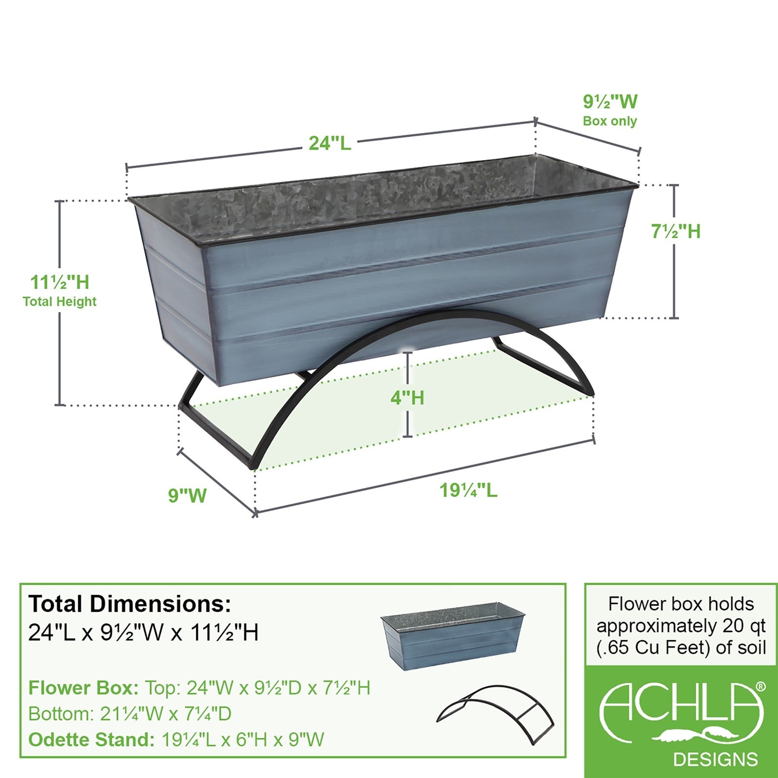 ACHLA Odette Medium Flower Box Stand | Wrought Iron and Galvanized Steel | Patio & Balcony Container Gardening | 10 x 24 x 12 in | Model C-20NB-S