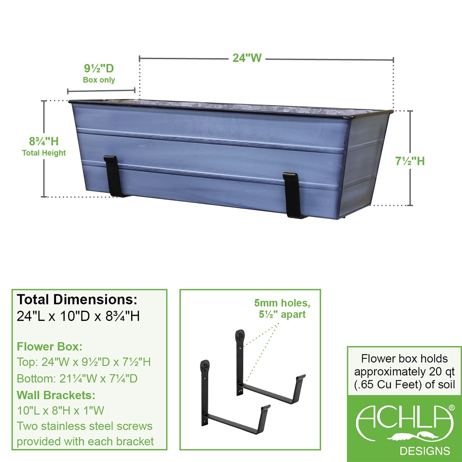 ACHLA Medium Flower Box with Wall Brackets | Nantucket Blue Galvanized Steel and Black Wrought Iron | Front Porch & Balcony | Model C-20NB-WM