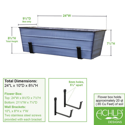 ACHLA Medium Flower Box with Wall Brackets | Nantucket Blue Galvanized Steel and Black Wrought Iron | Front Porch & Balcony | Model C-20NB-WM