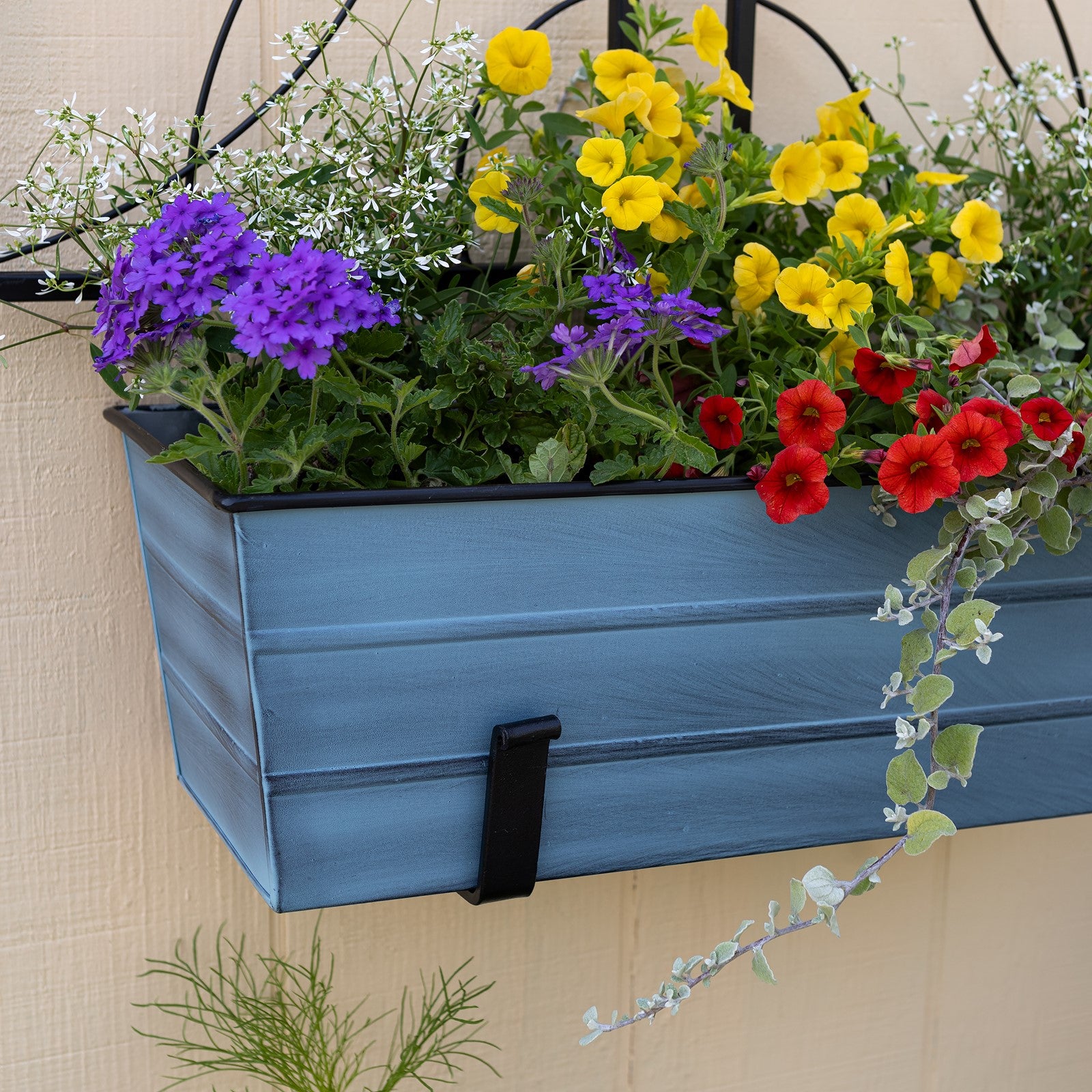 ACHLA Medium Flower Box with Wall Brackets | Nantucket Blue Galvanized Steel and Black Wrought Iron | Front Porch & Balcony | Model C-20NB-WM