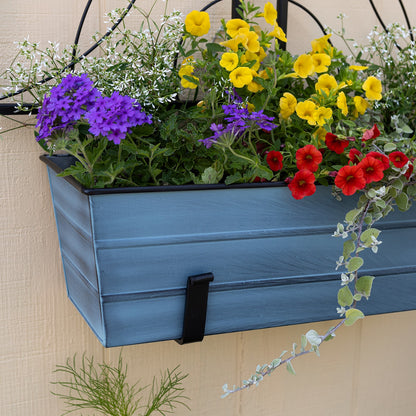 ACHLA Medium Flower Box with Wall Brackets | Nantucket Blue Galvanized Steel and Black Wrought Iron | Front Porch & Balcony | Model C-20NB-WM