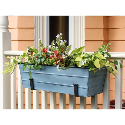 ACHLA Medium Flower Box with Wall Brackets | Nantucket Blue Galvanized Steel and Black Wrought Iron | Front Porch & Balcony | Model C-20NB-WM