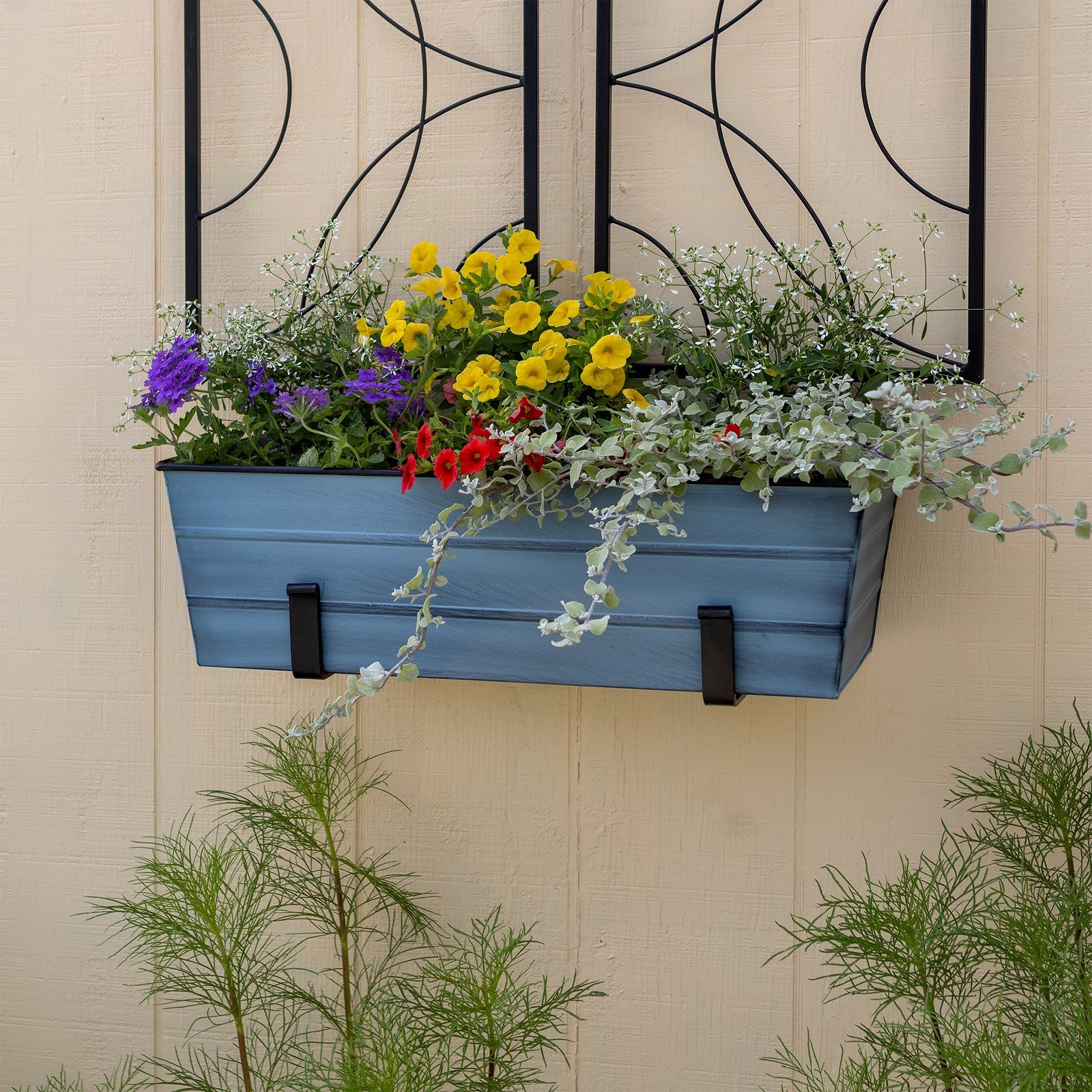 ACHLA Medium Flower Box with Wall Brackets | Nantucket Blue Galvanized Steel and Black Wrought Iron | Front Porch & Balcony | Model C-20NB-WM