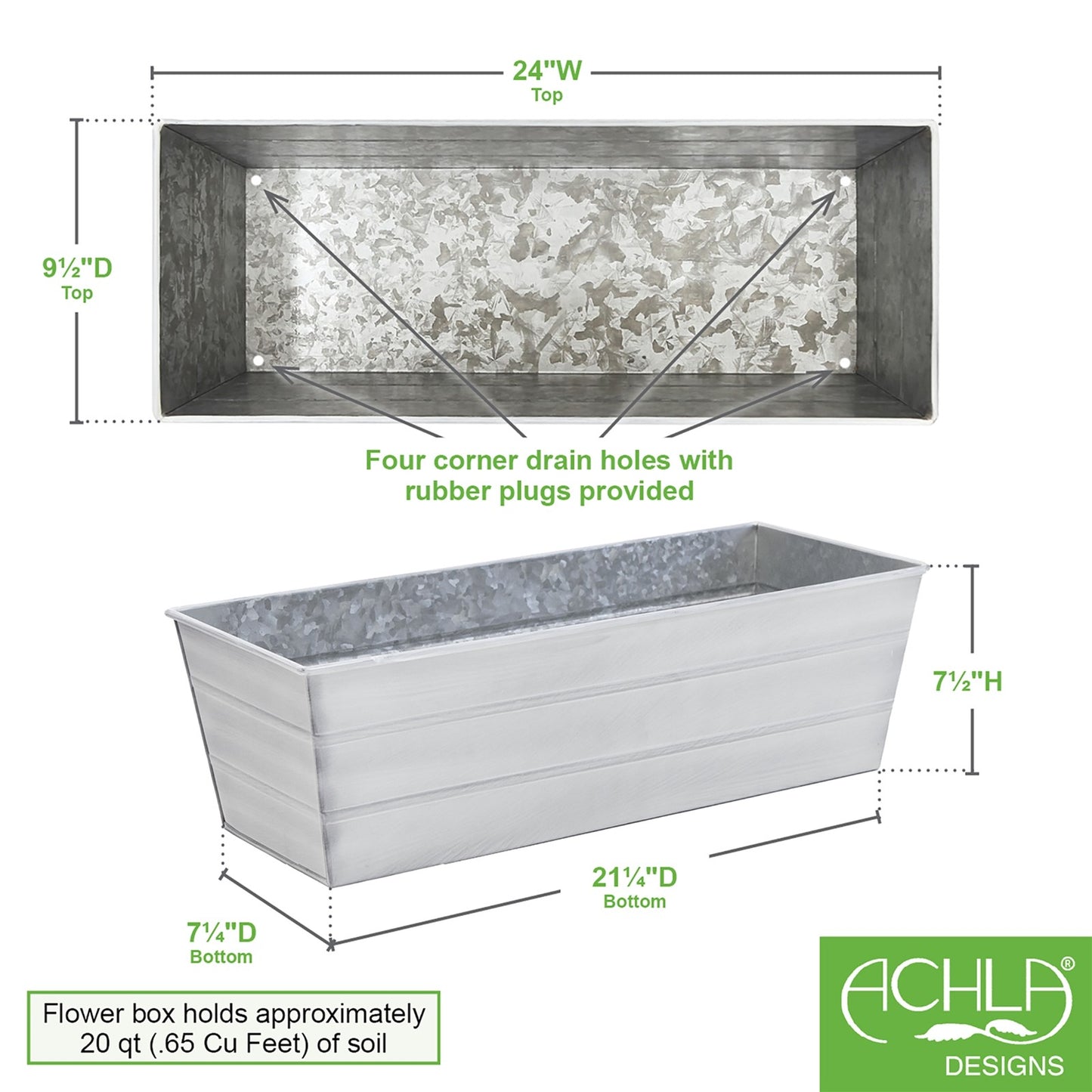 ACHLA Galvanized Steel Flower Box Planter Medium | Cape Cod White Patina Finish | Window Box & Balcony Container Garden | Model C-20W