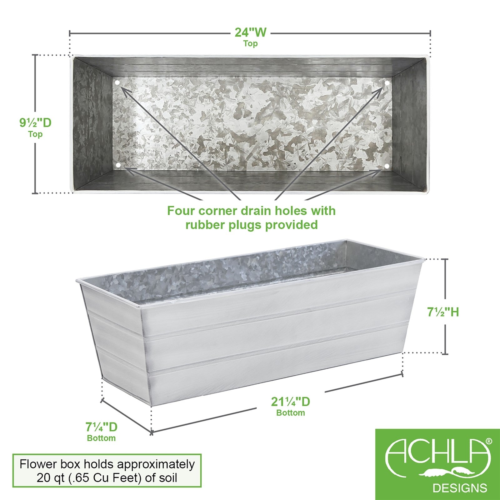 ACHLA Galvanized Steel Flower Box Planter Medium | Cape Cod White Patina Finish | Window Box & Balcony Container Garden | Model C-20W