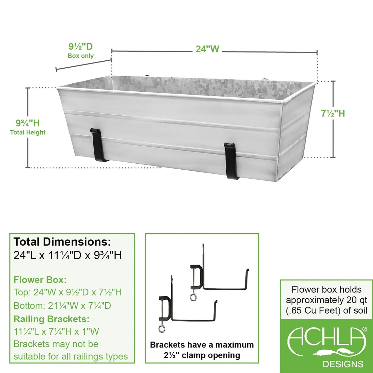 ACHLA Medium Flower Box with Clamp-On Brackets | Cape Cod White Galvanized Steel and Black Wrought Iron | Front Porch & Balcony | Model C-20W-RM