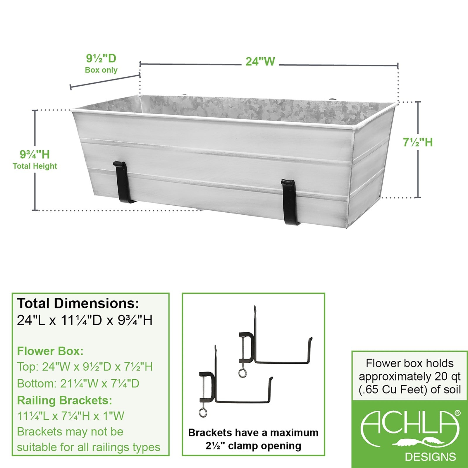 ACHLA Medium Flower Box with Clamp-On Brackets | Cape Cod White Galvanized Steel and Black Wrought Iron | Front Porch & Balcony | Model C-20W-RM