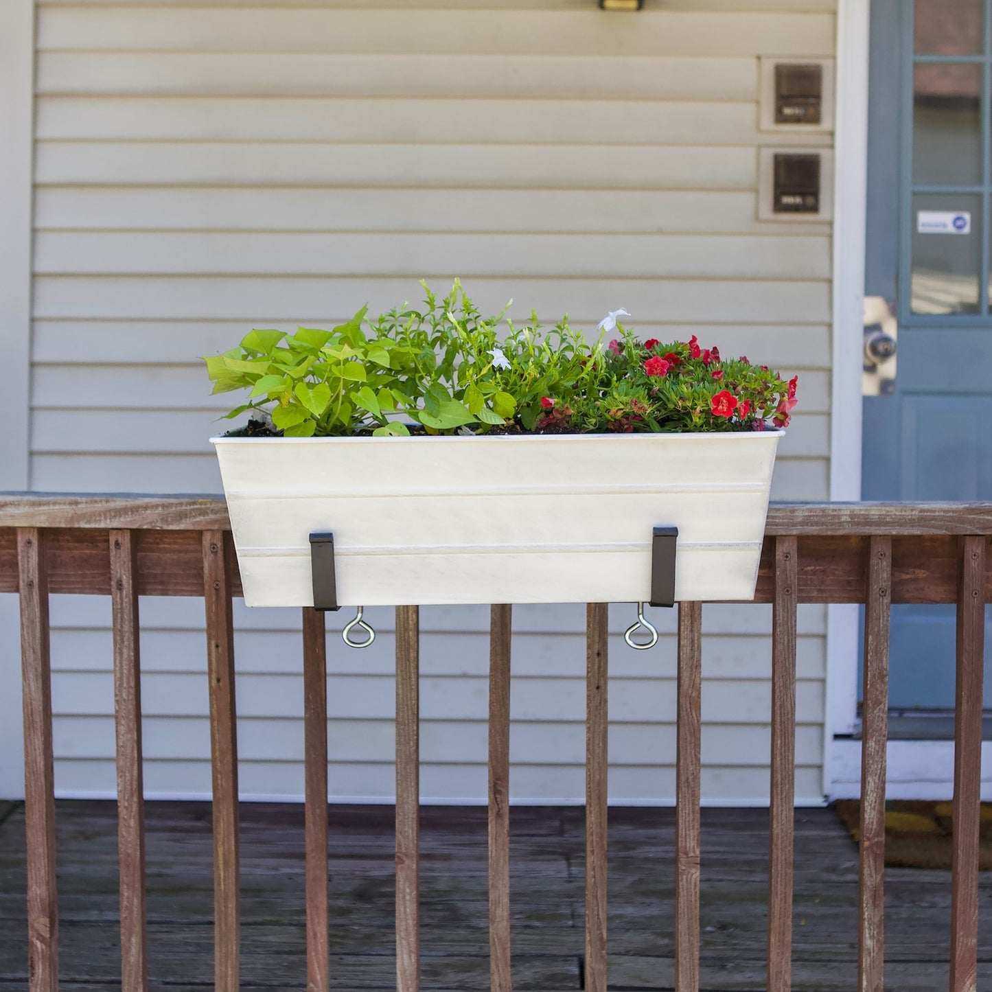 ACHLA Medium Flower Box with Clamp-On Brackets | Cape Cod White Galvanized Steel and Black Wrought Iron | Front Porch & Balcony | Model C-20W-RM