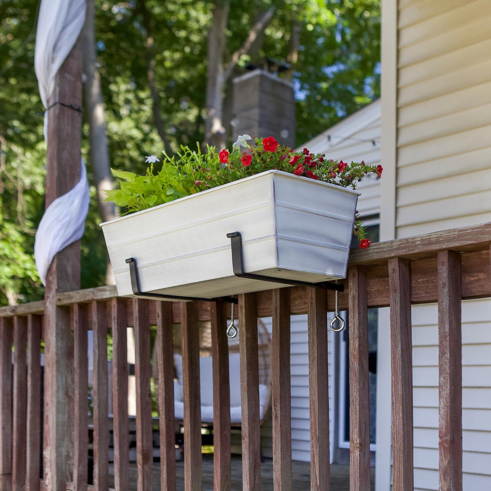 ACHLA Medium Flower Box with Clamp-On Brackets | Cape Cod White Galvanized Steel and Black Wrought Iron | Front Porch & Balcony | Model C-20W-RM