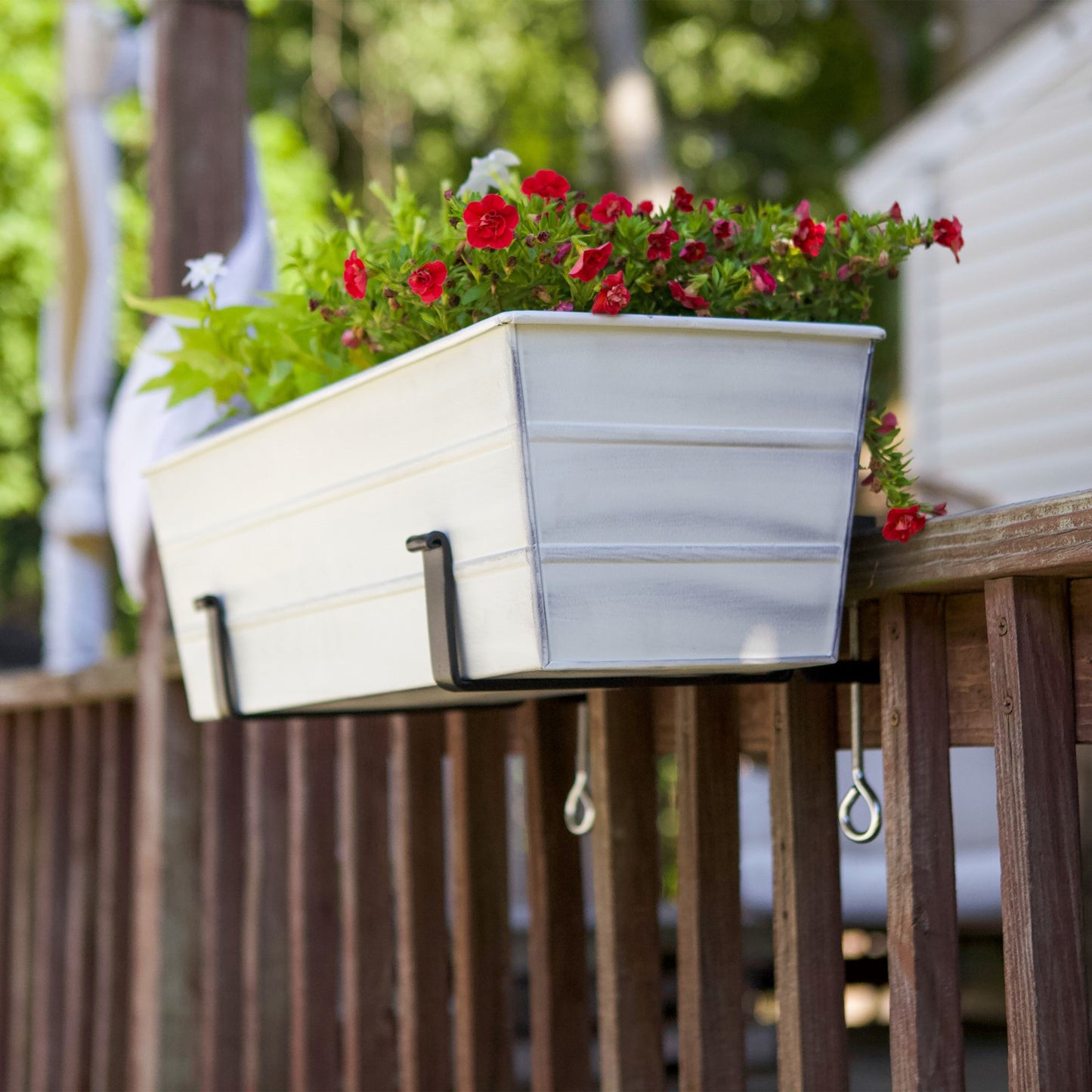ACHLA Medium Flower Box with Clamp-On Brackets | Cape Cod White Galvanized Steel and Black Wrought Iron | Front Porch & Balcony | Model C-20W-RM